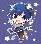  1boy belt black_feathers blue_background blue_eyes blue_hair blue_headwear blue_vest card chibi circus club_(shape) diamond_(shape) facial_tattoo gloves hat hat_feather holding holding_knife kaito knife looking_at_viewer magical_mirai_(vocaloid) male_focus open_mouth pants playing_card sinaooo smile spade_(shape) star striped striped_background tattoo throwing_knife vest vocaloid weapon white_gloves 