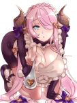  1girl all_fours apron blush bow braid breasts candy chocolate chocolate_heart cleavage crown_braid draph dress english_commentary feeding food frilled_apron frills granblue_fantasy hair_bow hair_ornament hair_over_one_eye heart heart_cutout heart_hair_ornament highres horn_bow horns incoming_food long_hair low-tied_long_hair mary_janes mr-poritan narmaya_(granblue_fantasy) pink_hair pointy_ears ribbed_sweater shoes simple_background sleeves_past_wrists solo spoon sweater sweater_dress twitter_username very_long_hair white_background 