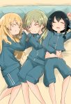  3girls alternate_hairstyle anchovy_(girls_und_panzer) barashiya black_hair blonde_hair blue_jacket blue_shorts braid carpaccio_(girls_und_panzer) closed_eyes commentary double_vertical_stripe eyebrows_visible_through_hair from_above girl_sandwich girls_und_panzer green_hair gym_shorts gym_uniform hair_down hair_tie highres jacket jacket_lift long_hair long_sleeves lying multiple_girls navel on_back on_bed open_mouth parted_lips pepperoni_(girls_und_panzer) sandwiched short_hair shorts side-by-side side_braid sleeping track_jacket zipper 