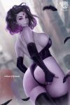  1girl ass bare_shoulders blush breasts building dc_comics elbow_gloves feathers fingerless_gloves gloves hand_on_own_ass highres large_breasts leotard looking_at_viewer olga_narhova purple_eyes purple_hair purple_skin raven_(dc) smile smoke thighhighs 