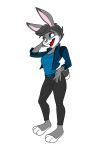  2017 3_toes 5_fingers anthro barefoot beatrix_&quot;trix&quot;_condello belt black_bottomwear black_clothing black_hair black_pants blue_clothing blue_eyes blue_jacket blue_shirt blue_topwear bottomwear clothing crimestrikers female fingers fur grey_body grey_fur hair hi_res lagomorph leporid mammal pants pink_nose rabbit shadowpantherkat shirt solo toes topwear white_body white_fur 