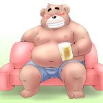  1:1 2019 alcohol anthro beer belly beverage blush bulge clothing eyes_closed furniture kemono low_res male mammal moobs navel nipples overweight overweight_male simple_background sitting sofa solo toshi_(artist) underwear ursid 