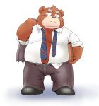  2019 anthro bottomwear brown_body brown_fur clothing fur kemono male mammal necktie one_eye_closed overweight overweight_male pants shirt simple_background solo topwear toshi_(artist) ursid white_background wink 