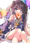  1girl anya_melfissa anya_melfissa_(1st_costume) balloon black_dress blonde_hair blush bread bread_slice brown_hair detached_sleeves dress dutch_angle egg_(food) food food_in_mouth frilled_dress frills fujiwarahatsune gradient_hair highres hololive hololive_indonesia kris_hair_ornament long_hair looking_to_the_side mouth_hold multicolored_hair solo streaked_hair toast toast_in_mouth very_long_hair white_background 