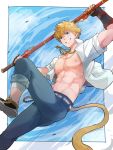  1boy abs belt blonde_hair bow_(weapon) denim grin holding holding_bow_(weapon) holding_weapon jeans looking_at_viewer monkey_tail nipples open_clothes open_shirt pants pants_rolled_up rwby shirt smile sun_wukong_(rwby) tail torakichi_(ebitendon) weapon 