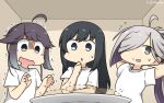  3girls ahoge alternate_costume asashimo_(kantai_collection) asashio_(kantai_collection) black_hair blue_eyes commentary_request dated dotted_line food food_on_face grey_eyes grey_hair hair_over_one_eye hair_ribbon hamu_koutarou hayanami_(kantai_collection) highres kantai_collection long_hair multiple_girls plate ponytail ribbon sharp_teeth shirt short_hair sidelocks silver_hair t-shirt teeth upper_body white_ribbon white_shirt 