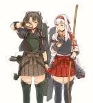  2girls armband arrow_(projectile) blush boots bow bow_(weapon) brown_gloves brown_hakama closed_mouth flight_deck gloves green_hair hair_ribbon hakama hakama_skirt headband holding holding_bow_(weapon) holding_weapon japanese_clothes kantai_collection long_hair multiple_girls muneate one_eye_closed partly_fingerless_gloves quiver red_hakama ribbon rigging rubbing_eyes shoukaku_(kantai_collection) simple_background single_glove smoke tasuki thigh_boots thighhighs twintails weapon weidashming white_background white_hair younger yugake zuikaku_(kantai_collection) 