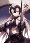  1girl absurdres armor armored_dress bare_back breasts chain cowboy_shot ei1han elbow_gloves fate/grand_order fate_(series) gloves headpiece highres jeanne_d&#039;arc_(alter)_(fate) jeanne_d&#039;arc_(fate)_(all) long_hair looking_at_viewer medium_breasts parted_lips platinum_blonde_hair solo standard_bearer sword weapon yellow_eyes 