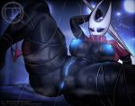  2025 absurd_res anus areola arthropod artist_logo biped black_breasts blue_anus blue_areola blue_nipples blue_pussy breasts clothing dialogue ellipsis english_text eyebrows eyelashes eyeshadow female genitals hi_res holding_melee_weapon holding_object holding_weapon hollow_knight hornet_(hollow_knight) logo lying makeup melee_weapon nipples on_back on_ground pussy solo speech_bubble team_cherry text thread tif underwear url weapon white_text 