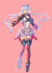  1girl ahoge black_bra boots bra breasts choker full_body hair_ornament hair_rings highres jacket long_hair matoi_(pso2) midriff multicolored_jacket navel omotti open_clothes open_jacket open_mouth phantasy_star phantasy_star_online_2 pink_background red_eyes solo teeth thigh_boots twintails underwear upper_teeth_only very_long_hair white_hair zettai_ryouiki 