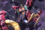  absurdres after_war_gundam_x artist_name blurry blurry_foreground claw_(weapon) commentary cosmo-5 glowing glowing_eyes green_eyes gundam gundam_virsago_chest_break highres light_particles looking_at_viewer machinery mecha mecha_focus mobile_suit no_humans robot science_fiction signature smoke solo v-fin weapon 