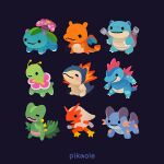  ._. =_= antennae artist_name black_background blastoise blaziken blush cannon charizard chibi closed_mouth dragon dragon_wings fang feraligatr fire flame-tipped_tail flower full_body meganium no_humans open_mouth pikaole pink_flower pokemon pokemon_(creature) pokemon_focus sceptile simple_background smile starter_pokemon_trio swampert typhlosion venusaur watermark wings 