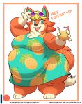  2020 4_fingers animal_crossing anthro audie_(animal_crossing) belly big_belly blonde_hair canid canine canis clothed clothing dialogue digital_media_(artwork) dress english_text eyewear eyewear_on_head female fingers hair holding_object looking_at_viewer mammal nekocrispy nintendo obese obese_female open_mouth open_smile overweight overweight_female smile solo sunglasses sunglasses_on_head talking_to_viewer teal_eyes text url video_games wolf 