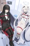  2girls absurdres bdsm black_hair black_pantyhose black_suit blue_archive blunt_bangs bondage bound bound_together gag hair_ornament hairclip highres himari_(blue_archive) looking_at_viewer mole mole_under_eye multiple_girls pantyhose pointy_ears purple_eyes red_eyes restrained rio_(blue_archive) second-party_source shibari sitting suit tetsuffy_(tetsulul) tied_to_chair white_hair 