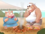  2019 4:3 anthro belly bottomwear brown_body brown_fur clothing detailed_background duo food footwear fur humanoid_hands kemono male mammal outside overweight overweight_male sandals shirt shorts suid suina sus_(pig) topwear toshi_(artist) ursid wild_boar 