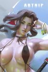  1girl aerith_gainsborough artnip bangle black_swimsuit blue_sky bow bracelet breasts brown_hair commentary covered_nipples cropped english_commentary final_fantasy final_fantasy_vii final_fantasy_vii_remake green_eyes hair_bow jewelry large_breasts lips long_hair looking_at_viewer nose red_bow shiny shiny_skin sky slingshot_swimsuit solo staff strap_gap string_bikini string_choker swimsuit thick_eyebrows tri_drills upper_body 