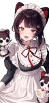  1girl absurdres animal_ears apron banken_(inui_toko) brown_hair commentary_request dog_ears dog_girl fangs flower frilled_apron frilled_headwear frills hair_flower hair_ornament heterochromia highres inui_toko inui_toko_(7th_costume) juliet_sleeves long_sleeves looking_at_viewer maid_apron maid_headdress neck_ribbon nijisanji puffy_sleeves red_eyes red_ribbon ribbon simple_background solo tone_haruma transparent_background virtual_youtuber white_headdress yellow_eyes yellow_flower 