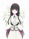  1girl blunt_bangs colored_inner_hair flower gem green_gemstone highres kurogane_otoha lily_(flower) long_hair long_sleeves looking_at_viewer multicolored_hair osage_gankyou own_hands_together purple_eyes rock_wa_lady_no_tashinami_deshite school_uniform skirt smile solo standing very_long_hair white_skirt 