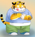  2019 anthro bottomwear clothing felid food fur kemono male mammal overweight overweight_male pantherine pants pink_nose popcorn shirt solo tiger tongue tongue_out topwear toshi_(artist) white_body white_fur yellow_body yellow_fur 