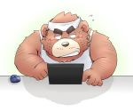  2019 anthro blush brown_body brown_fur clothing computer fur humanoid_hands kemono male mammal overweight overweight_male shirt simple_background solo topwear toshi_(artist) ursid white_background 