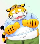  2019 anthro belly bottomwear clothing eyes_closed felid humanoid_hands kemono male mammal overweight overweight_male pantherine pants pink_nose shirt simple_background solo tiger topwear toshi_(artist) 