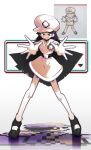  1girl black_eyes black_hair black_shoes blunt_bangs character_request chromatic_aberration copyright_request full_body highres long_hair looking_at_viewer outstretched_arms parted_lips pokemon reference_inset shakeeeeeeeee shoes short_sleeves solo standing 