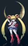  1girl android binary bishoujo_senshi_sailor_moon blonde_hair blue_eyes blue_sailor_collar blue_skirt choker double_bun heart heart_choker highres humanoid_robot long_hair mecha_musume mechanization medarot moon open_mouth rati_(absoluteblue) red_choker sailor_collar sailor_moon sailor_senshi_uniform skirt solo teeth tsuki_ni_kawatte_oshioki_yo tsukino_usagi twintails 