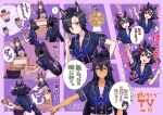  4girls ahoge air_shakur_(umamusume) animal_ears arm_up back_bow black_hair blue_bow blue_eyes blue_shirt bow brown_hair carrot clenched_hands closed_mouth commentary_request dark-skinned_female dark_skin ear_ornament earrings eyebrow_piercing grass_wonder_(umamusume) hair_between_eyes hi_(ibisf5umauma) highres holding holding_carrot horse_ears horse_girl horse_tail jewelry kitasan_black_(umamusume) long_hair looking_at_viewer multicolored_hair multiple_girls multiple_views open_mouth parted_lips piercing podium red_eyes shirt short_sleeves single_earring smile speech_bubble streaked_hair symboli_kris_s_(umamusume) tail translation_request umamusume very_long_hair white_hair yellow_eyes 
