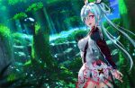  1girl ahoge blue_sky cowboy_shot din_(flypaper) hair_ornament hair_rings landscape light_rays long_hair looking_at_viewer matoi_(pso2) nature open_mouth phantasy_star phantasy_star_online_2 pink_eyes sky solo tree twintails very_long_hair 