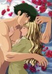  absurdres blonde_hair brown_eyes closed_eyes couple cowboy_bebop curly_hair green_eyes highres julia_(cowboy_bebop) non-web_source pectorals 