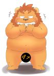  2019 anthro belly blush censored eyes_closed felid humanoid_hands japanese_text kemono lion male mammal overweight overweight_male pantherine simple_background solo text toshi_(artist) 
