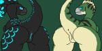  2:1 alora_(raptors-muffin474) anus black_body black_feather_hair black_feathers blue_eyes blue_pussy butt digital_media_(artwork) dinosaur dromaeosaurid duo feathered_dinosaur feathered_scalie feathers female feral genitals glowing glowing_eyes glowing_genitalia glowing_nipples glowing_pussy green_body grey_body grey_feathers lumina_(therealmessyroomguy1) nipples pink_anus pixel_(artwork) prehistoric_species presenting presenting_anus presenting_hindquarters presenting_pussy pussy raised_tail reptile scalie simple_background tail tan_body tan_feathers tan_underbelly therealmessyroomguy1 theropod 