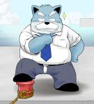  2019 anthro black_nose blue_body blue_fur bottomwear canid canine canis clothing domestic_dog fur kemono male mammal necktie one_eye_closed outside overweight overweight_male pants shirt solo topwear toshi_(artist) underwear water wink 
