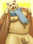  2020 3:4 anthro balls belly blush brown_body brown_fur canid canine canis domestic_dog flaccid fur genitals hi_res humanoid_hands kemono kumamikan male mammal moobs navel nipples overweight overweight_male penis scarf solo 