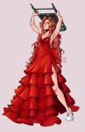  1girl :t absurdres aerith_gainsborough armpits arms_up bangs bare_shoulders braid breasts brown_hair chair cleavage dress final_fantasy final_fantasy_vii final_fantasy_vii_remake folding_chair frilled_dress frills full_body gathers green_eyes high_heels highres holding jewelry long_dress long_hair medium_breasts multicolored_hair necklace patmakesart pink_background pink_hair pumps red_dress shoes side_slit sidelocks signature simple_background sleeveless sleeveless_dress solo standing twin_braids very_long_hair white_footwear 
