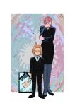  1boy 1girl black_necktie border commentary crying crying_with_eyes_open dress formal_clothes funeral_dress highres jojo_no_kimyou_na_bouken kawajiri_hayato kawajiri_kosaku kawajiri_shinobu kira_yoshikage necktie oniyama831 picture_frame ponytail suit tears white_border 