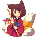  +_+ 2girls animal_ears bamboo_broom blush_stickers bob_cut broom brown_eyes brown_hair closed_mouth copyright_request eyebrows_visible_through_hair fox_ears fox_tail goggles goggles_on_head japanese_clothes kimono long_sleeves looking_at_viewer metata multiple_girls multiple_tails obi red_hair red_kimono sash short_hair simple_background smile tail white_background 