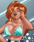  4:5 anthro beauty_mark bottomwear bra bust_portrait canid canine canis clothing disney domestic_dog erect_nipples female goof_troop green_eyes hair hi_res mammal mightycock_(artist) nipple_outline nipples pants portrait red_hair roxanne_(goof_troop) solo underwear 