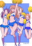  4girls :d ;d arm_up armpits brown_hair cheerleader commentary_request hair_ribbon highres houjou_hibiki kurokawa_eren long_hair minamino_kanade miyagoe_yoshitsuki multiple_girls navel one_eye_closed open_mouth orange_hair pink_ribbon precure ribbon shirabe_ako short_hair smile suite_precure 