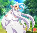  anthro areola big_breasts breasts female forest fur hair long_hair looking_at_viewer mastergodai nipples nude open_mouth red_eyes solo talon_(mastergodai) tree white_hair 