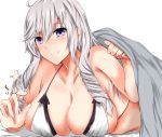  1girl algerie_(azur_lane) algerie_(white_sand_angel)_(azur_lane) azur_lane bikini blush braid braided_bangs breasts cleavage collarbone graphite_(medium) highres isshii13 large_breasts long_hair looking_at_viewer mechanical_pencil pencil purple_eyes silver_hair smile solo swimsuit traditional_media white_background white_bikini white_swimsuit 