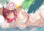  1girl absurdres azur_lane bikini breasts chanel eyebrows_visible_through_hair flower green_eyes hair_between_eyes haruto_(nyannzou789) hat hat_flower highres huge_breasts in_water long_hair looking_at_viewer multiple_straps pink_flower red_hair see-through sheer_clothes straw_hat sun_hat sunglasses surcouf_(azur_lane) surcouf_(loisirs_balneaires)_(azur_lane) swimsuit white_bikini white_flower 