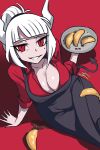  1girl apron black_apron black_tail breasts demon_girl demon_tail food helltaker highres jazzjack large_breasts lucifer lucifer_(helltaker) pancake tail white_horns 