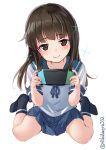  1girl bangs black_legwear blue_sailor_collar blue_skirt blunt_bangs blush brown_eyes brown_hair collarbone ebifurya eyebrows_visible_through_hair full_body game_console handheld_game_console hatsuyuki_(kantai_collection) highres hime_cut kantai_collection long_hair motion_lines nintendo nintendo_switch parted_lips playing_games pleated_skirt sailor_collar school_uniform serafuku short_sleeves simple_background sitting skirt socks solo twitter_username wariza white_background 