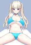  1girl arm_support arms_behind_back bangs bare_shoulders bikini blue_bikini blue_eyes blush breasts choker cleavage closed_mouth collarbone eyebrows_visible_through_hair halterneck highres jewelry large_breasts light_blonde_haired_girl_(michihasu) long_hair looking_at_viewer michihasu original sidelocks silver_hair simple_background sitting smile spread_legs swimsuit thighs twintails 