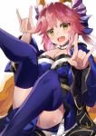  1girl absurdres animal_ear_fluff animal_ears artist_request blue_kimono blue_legwear blue_ribbon blush breasts cleavage double_fox_shadow_puppet eyebrows_visible_through_hair fang fate/extella fate/extra fate/extra_ccc fate/grand_order fate_(series) fox_ears fox_girl fox_shadow_puppet fox_tail hair_ribbon highres japanese_clothes kimono large_breasts looking_at_viewer open_mouth pink_hair ribbon simple_background solo tail tamamo_(fate)_(all) tamamo_no_mae_(fate) white_background yellow_eyes 