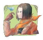  1boy android android_17 bandana bird bird_on_finger black_hair black_shirt blue_eyes brown_coat brown_gloves brown_jacket coat dragon_ball dragon_ball_gt gloves green_background happy hell_fighter_17 jacket male_focus medium_hair neckerchief nerinriume robot shirt short_hair simple_background smile solo t-shirt upper_body 