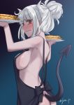  1girl apron ass bangs black_apron black_tail blue_background blunt_bangs blush breasts closed_mouth commentary_request demon_tail food gradient gradient_background helltaker holding holding_plate horns looking_at_viewer lucifer_(helltaker) medium_breasts naked_apron pancake plate ponytail red_eyes short_hair sideboob solo tail twitter_username wavy_mouth white_hair white_horns yuuki_eishi 