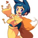  1girl :d animal_ears blue_hair copyright_request eyebrows_visible_through_hair fox_ears fox_tail japanese_clothes kimono long_sleeves looking_at_viewer metata multiple_tails open_mouth purple_eyes short_hair simple_background smile solo tail white_background yellow_kimono 