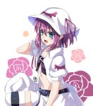  1girl facial_mark fang flat_chest green_eyes hat highres looking_at_viewer maroonabyss merry_nightmare midriff pointy_ears puffy_short_sleeves puffy_sleeves purple_hair short_hair short_sleeves smile solo square_pupils striped striped_legwear thighhighs wristband yumekui_merry 